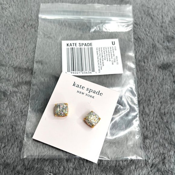 Kate Spade Opal Glitter Square Stud Earrings Gold Plated with Pouch NWT - Picture 2 of 8